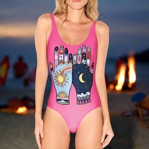 Cosmic Palm Sun & Moon One Piece Swimsuit – Pink Festival Bathing Suit
